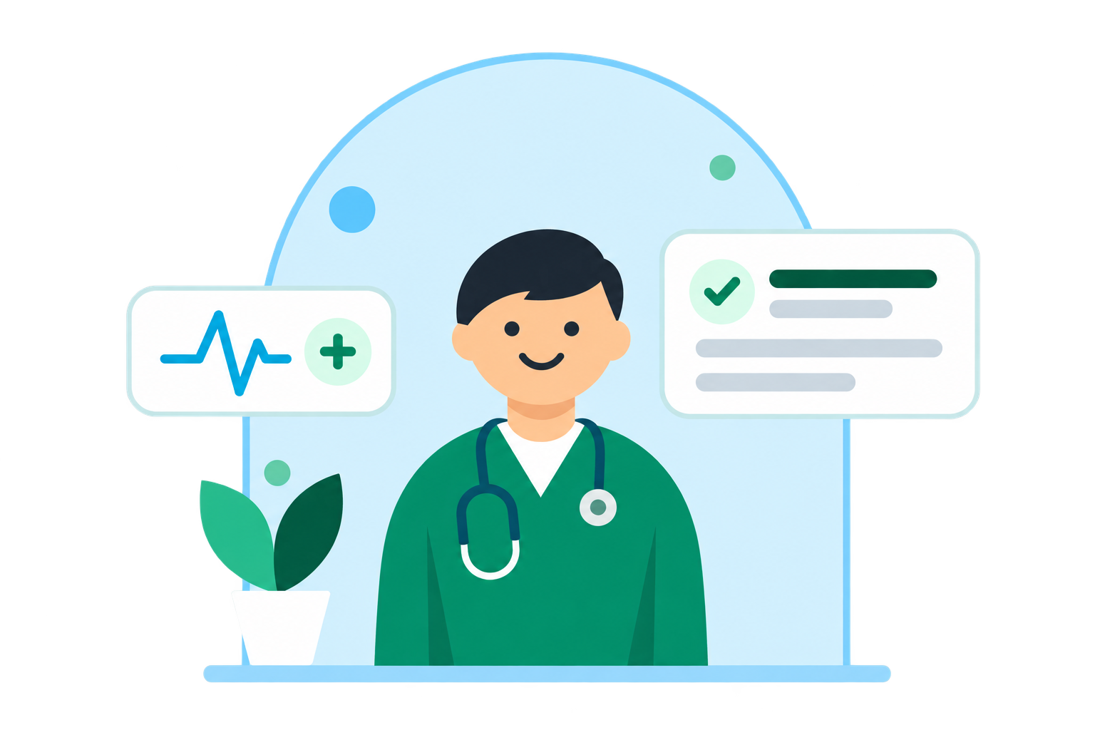 Ilustración de un profesional de la clínica con una tarjeta de resultados y un gráfico de signos vitales